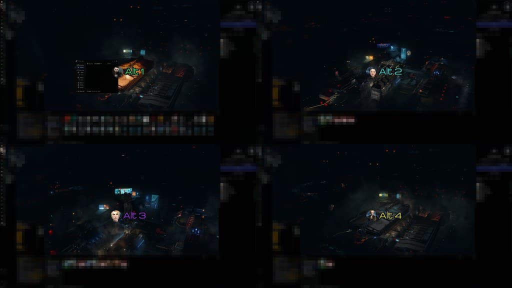 Grid layout running live in EVE with 4 accounts, stream-safe mode hiding character names